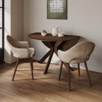 Round Walnut Drop Leaf Dining Table Set with 2 Beige Faux Leather Chairs - Seats 2 - Carson