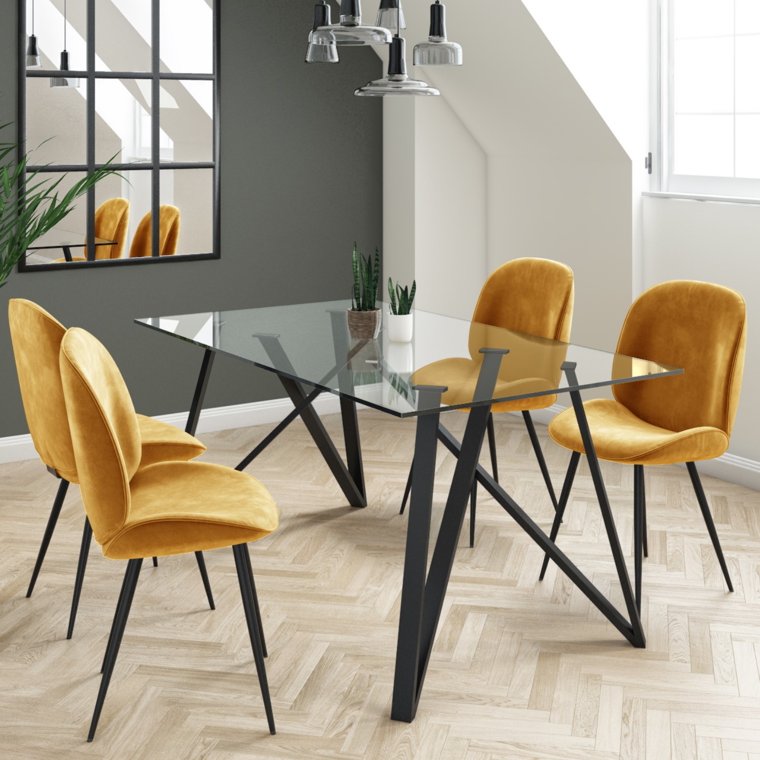 dax glass dining table with 4 mustard yellow velvet dining chairs