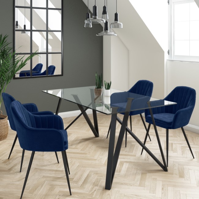 Glass Top Dining Table with 4 Navy Velvet Dining Chairs - Dax