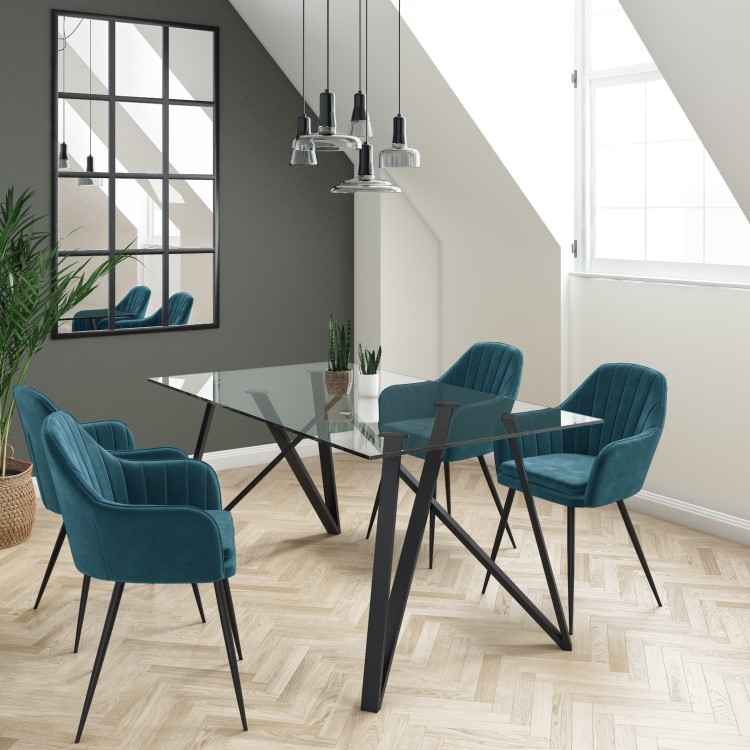 Glass Top Dining Table with 4 Teal Velvet Dining Chairs - Dax