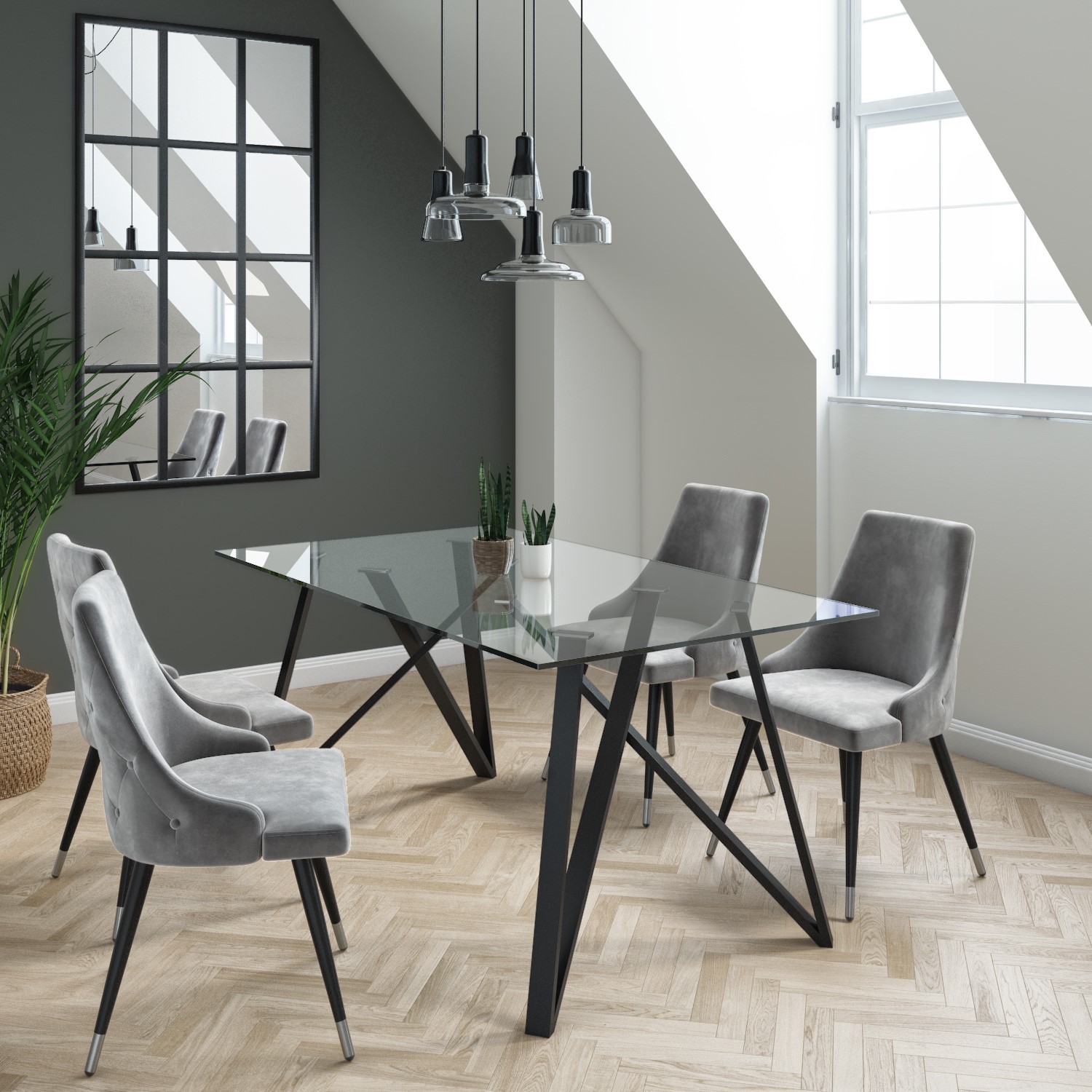 Glass Dining Table with 4 Grey Velvet Dining Chairs Dax