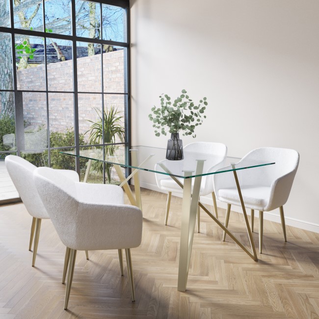 Rectangle Glass Dining Table & 4 Boucle Dining Chairs with Brass Legs - Dax