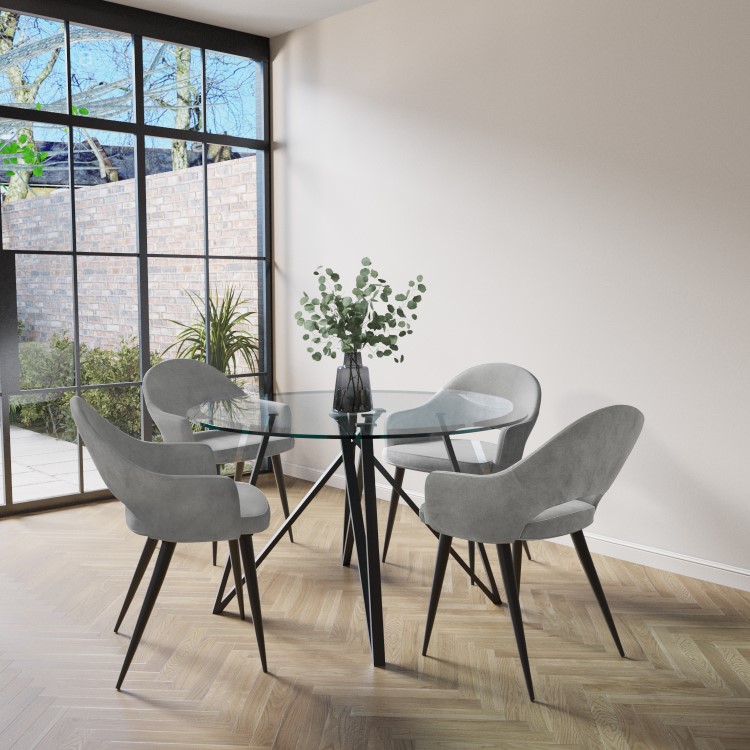 Round Glass Dining Table Set with 4 Grey Fabric Chairs - Seats 4 - Dax