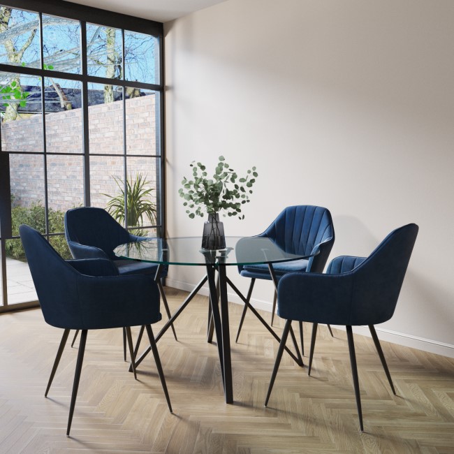 Round Glass Dining Table with 4 Navy Velvet Dining Chairs - Dax