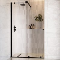 1200mm Black Sliding Door Shower Enclosure + Wall Support Bar 8mm Glass - Denver