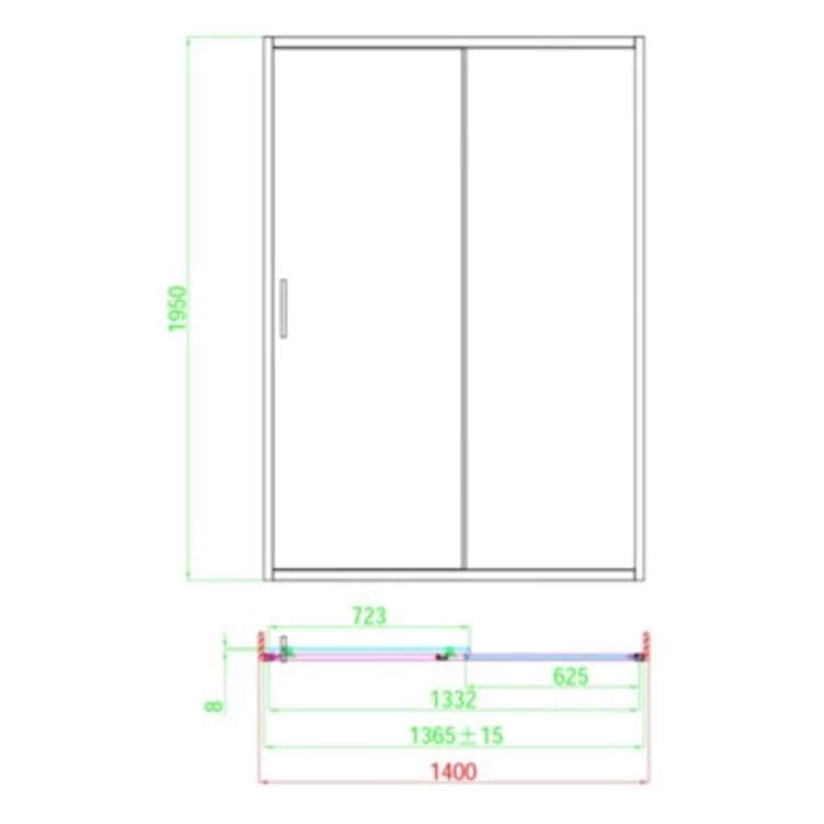 1400mm Chrome Frameless Sliding Door Shower Enclosure 8mm Glass + Wall Support Bar - Denver