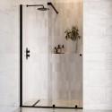 BUN/DENCHSL1400/93617 1400mm Black Sliding Door Shower Enclosure + Wall Support Bar 8mm Glass - Denver