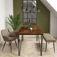 Drew Dark Wood Dining Table with 2 Dining Chairs & 1 Bench in Beige Faux Leather