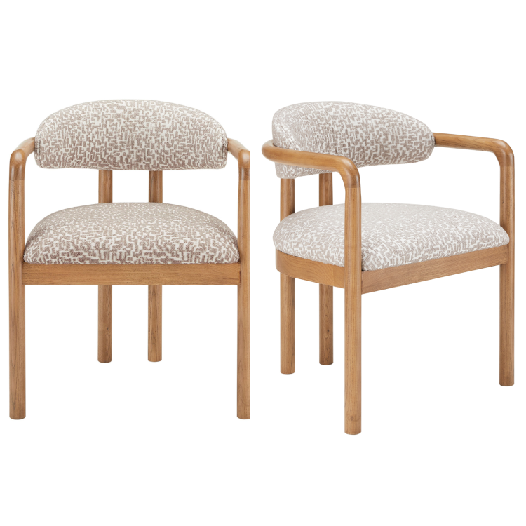 Set of 2 Beige Printed Upholstered Dining Chairs with Solid Wood Exposed Back - Darla