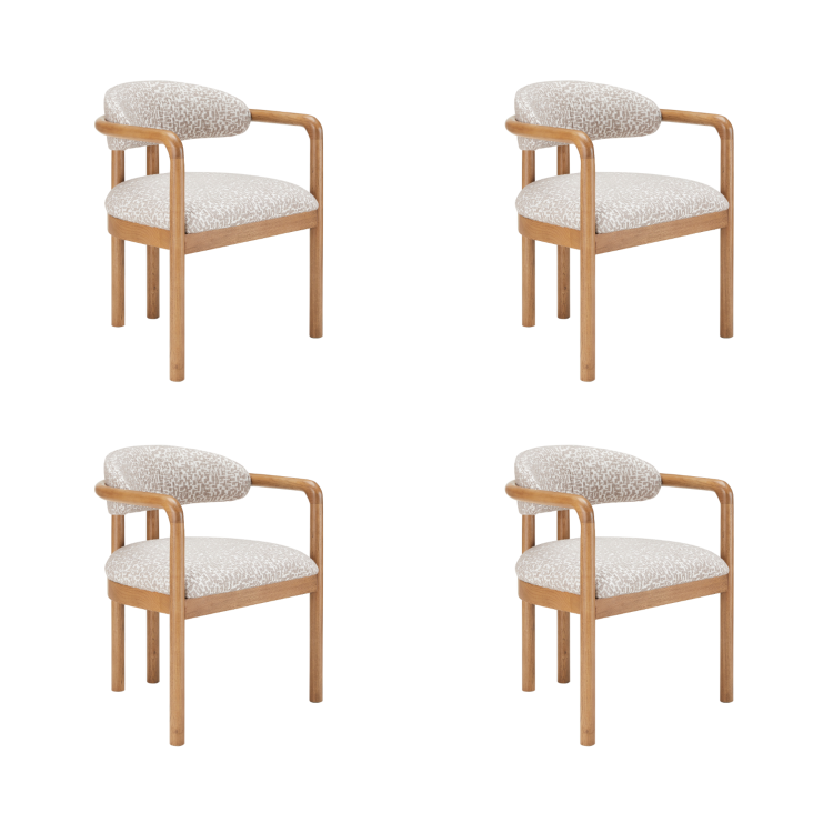 Set of 4 Beige Printed Upholstered Dining Chairs with Solid Wood Exposed Back - Darla