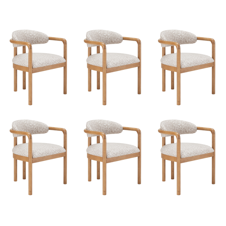 Set of 6 Beige Printed Upholstered Dining Chairs with Solid Wood Exposed Back - Darla