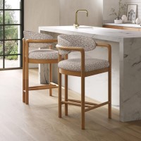 Set of 2 Beige Printed Upholstered Kitchen Stools with Solid Wood Exposed Back - Darla Set of 2 Beige Printed Upholstered Kitchen Stools with Solid Wood Exposed Back - Darla
