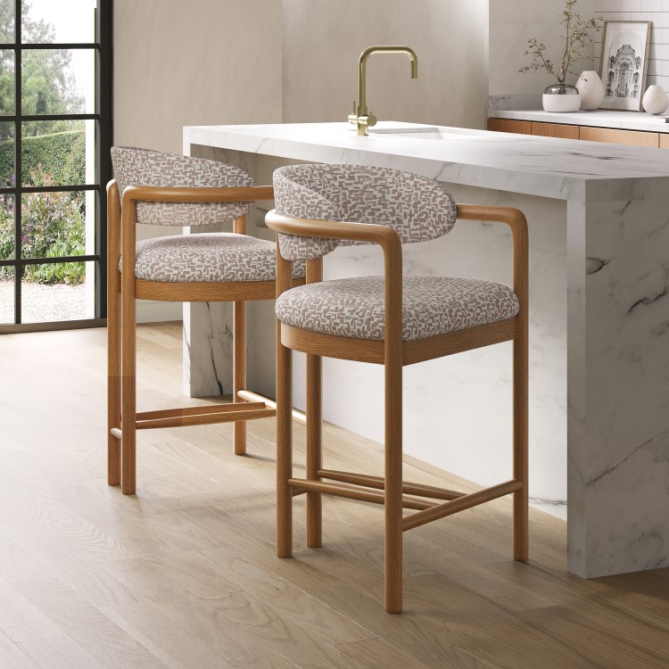 Set of 2 Beige Printed Upholstered Kitchen Stools with Solid Wood Exposed Back - Darla