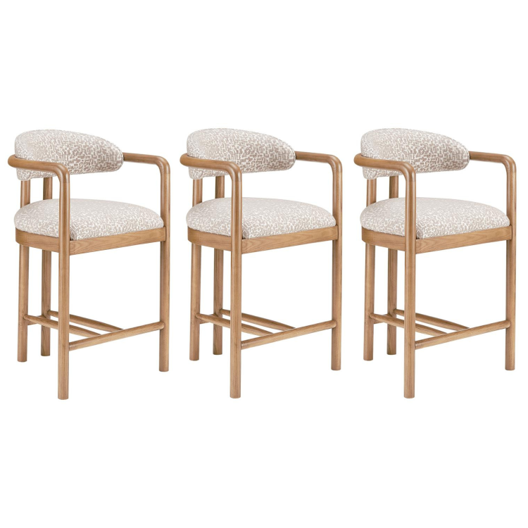 Set of 3 Beige Printed Upholstered Kitchen Stools with Solid Wood Exposed Back - Darla