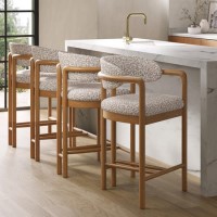 Set of 4 Beige Printed Upholstered Kitchen Stools with Solid Wood Exposed Back - Darla Set of 4 Beige Printed Upholstered Kitchen Stools with Solid Wood Exposed Back - Darla