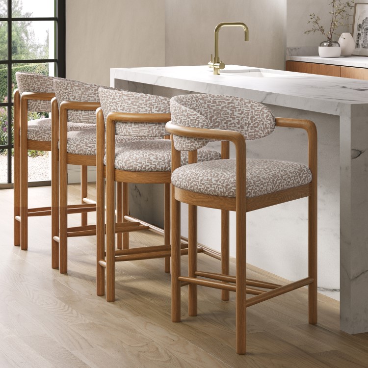 Set of 4 Beige Printed Upholstered Kitchen Stools with Solid Wood Exposed Back - Darla