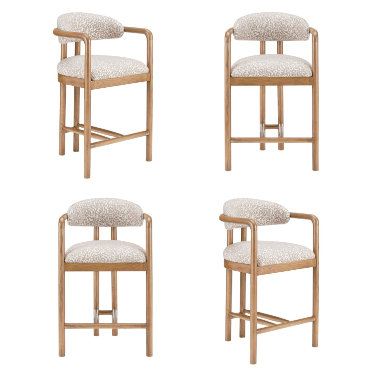 Set of 4 Beige Printed Upholstered Kitchen Stools with Solid Wood Exposed Back - Darla