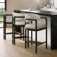 Set of 3 Cream Textured Fabric Kitchen Stools with Black Solid Wood Legs - Darla Set of 3 Cream Textured Fabric Kitchen Stools with Black Solid Wood Legs - Darla