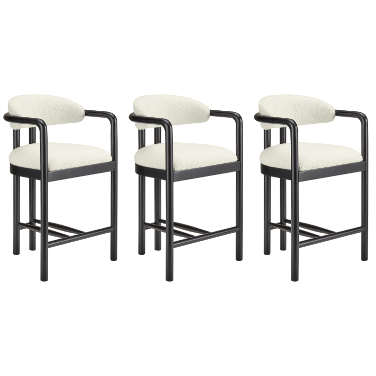Set of 3 Cream Textured Fabric Kitchen Stools with Black Solid Wood Legs - Darla