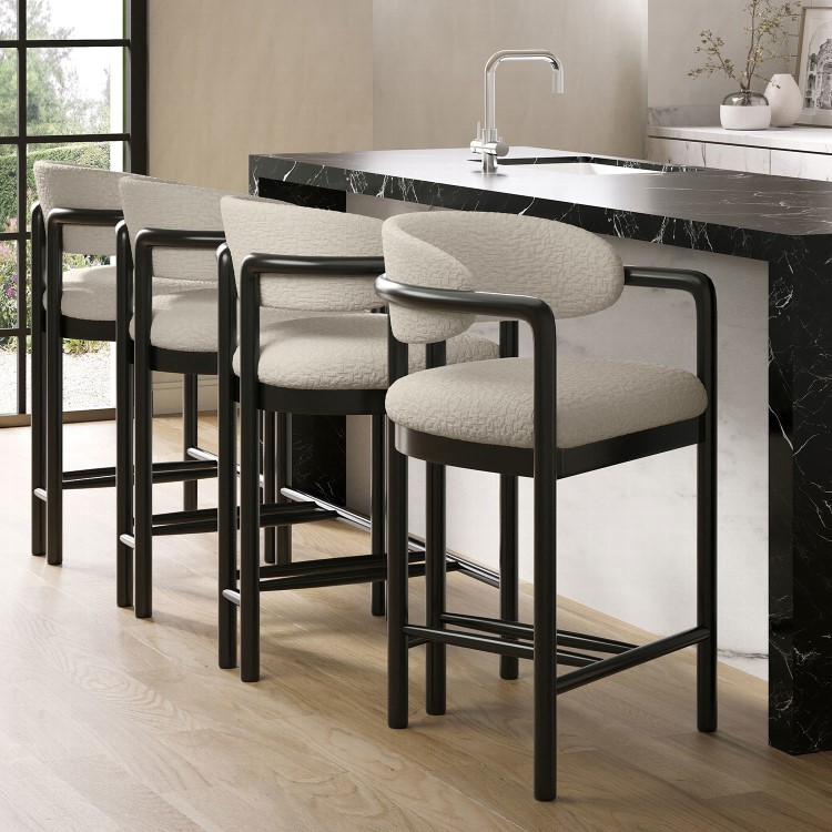 Set of 4 Cream Textured Fabric Kitchen Stools with Black Solid Wood Legs - Darla