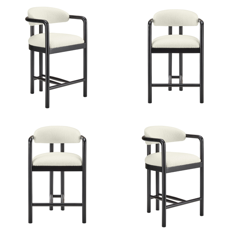 Set of 4 Cream Textured Fabric Kitchen Stools with Black Solid Wood Legs - Darla
