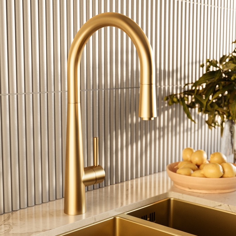 Single Bowl Brushed Brass Stainless Steel Inset Kitchen Sink with Pull Out Mixer Tap Set - Enza