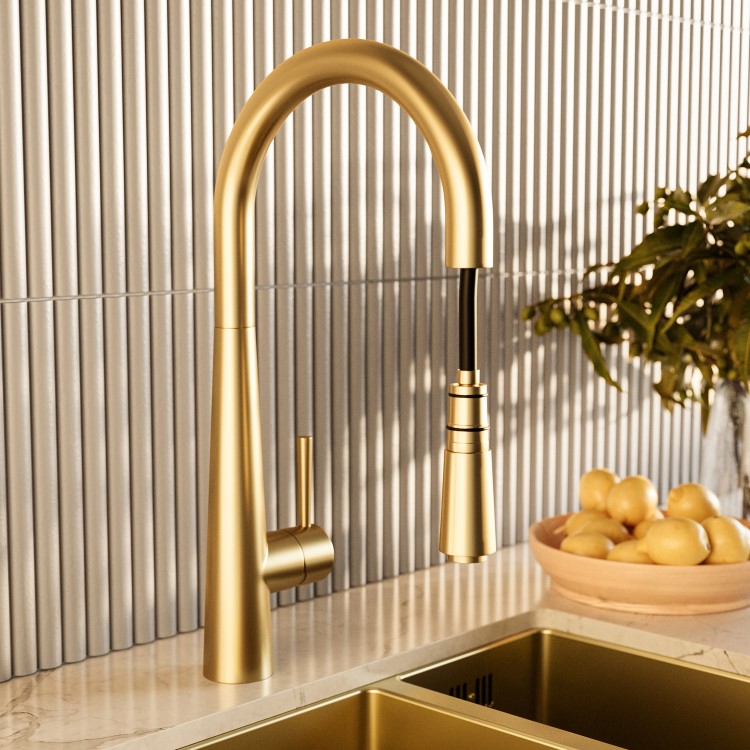 Single Bowl Brushed Brass Stainless Steel Inset Kitchen Sink with Pull Out Mixer Tap Set - Enza