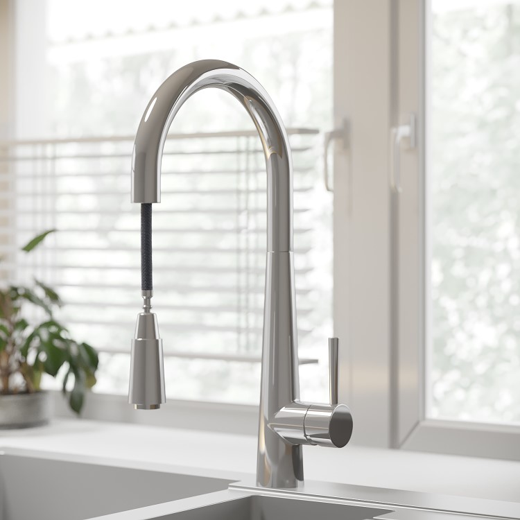 1 Bowl Chrome Stainless Steel Reversible Inset Kitchen Sink with Pull Out Mixer Tap Set - Enza