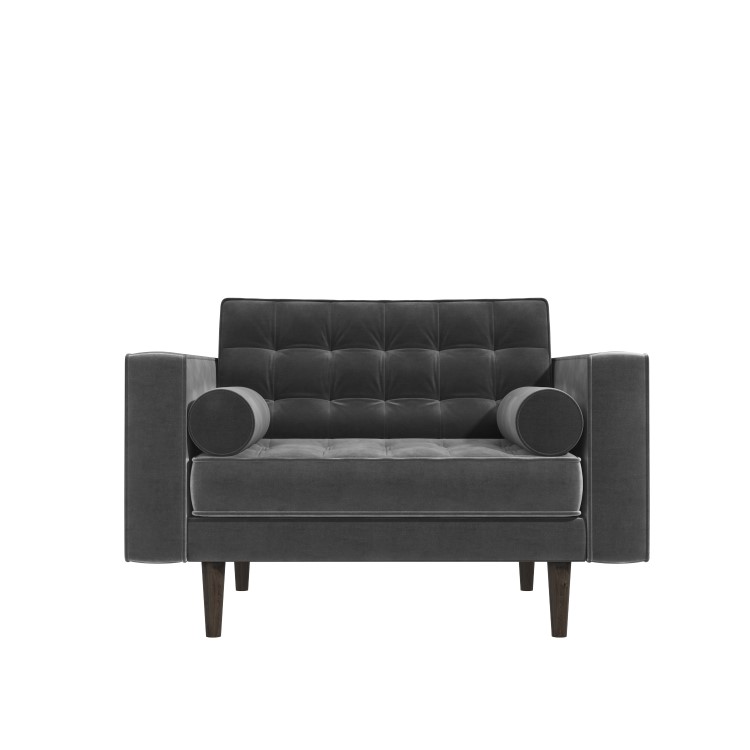Grey Velvet Buttoned Loveseat with Matching Footstool - Elba 