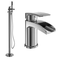 Grade A1 - Chrome Waterfall Basin Mixer Tap & Freestanding Tap Pack - Elina