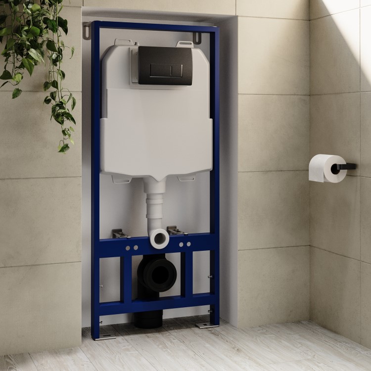 Matt Black Wall Hung Toilet with Soft Close Toilet Seat, Gunmetal Pneumatic Flush Plate, 1168mm Frame & Cistern - Newport