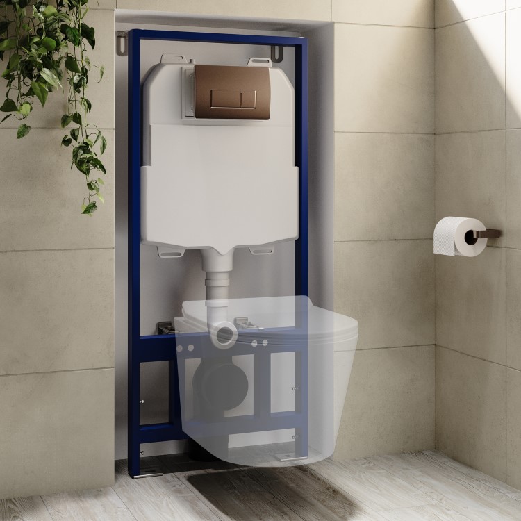 ONLY OPENED - 1168mm Wall Hung Toilet Frame with Bronze Pneumatic Dual Flush Plate & Concealed Cistern - Purificare