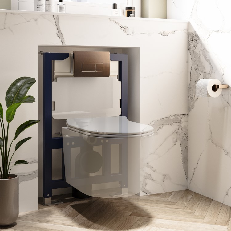 ALMOST PERFECT - 820mm Wall Hung Toilet Frame with Brushed Bronze Pneumatic Flush Plate & Concealed Cistern - Elira