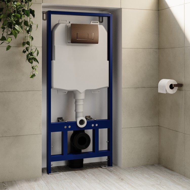 Wall Hung Toilet with Soft Close Toilet Seat, Brushed Bronze Pneumatic Flush Plate, 1168mm Frame & Cistern - Alcor