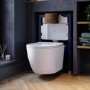 Wall Hung Rimless Toilet with Soft Close Seat, Brushed Bronze Pneumatic Flush Plate, 820mm Frame & Cistern – Roma