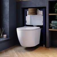 Wall Hung Rimless Toilet with Soft Close Seat, Brushed Bronze Pneumatic Flush Plate, 820mm Frame & Cistern – Roma
