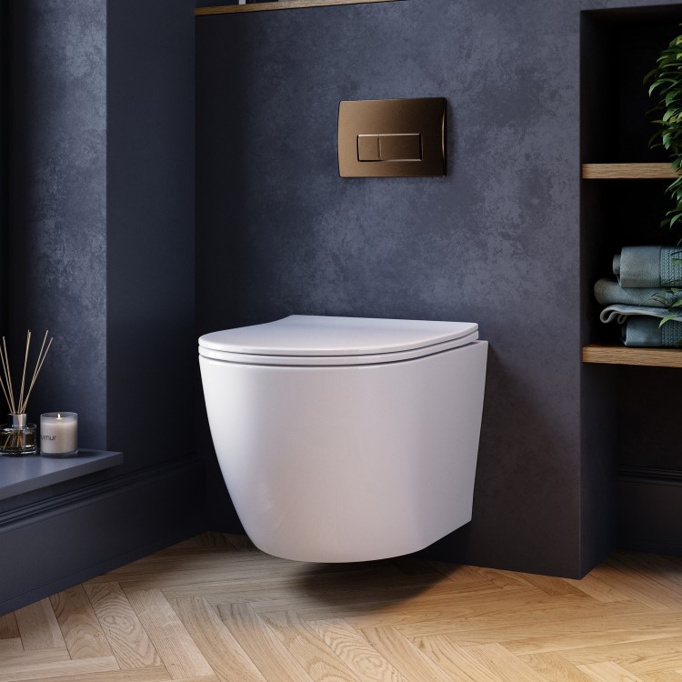 Wall Hung Rimless Toilet with Soft Close Seat, Brushed Bronze Pneumatic Flush Plate, 820mm Frame & Cistern – Roma