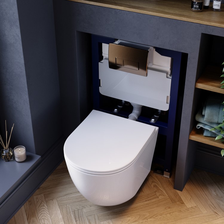 Wall Hung Rimless Toilet with Soft Close Seat, Brushed Bronze Pneumatic Flush Plate, 820mm Frame & Cistern – Roma