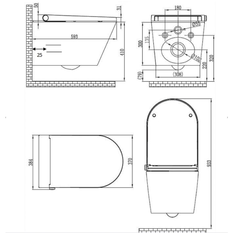 ONLY OPENED - Wall Hung Bidet Toilet Combo- Built in Dryer & Spray-Purificare
