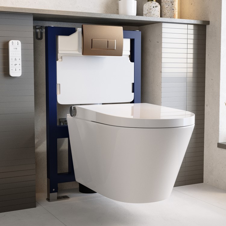 Wall Hung Smart Bidet Japanese Toilet with Heated Seat & Brushed Bronze Pneumatic Flush Plate, 820mm Frame & Cistern - Purificare