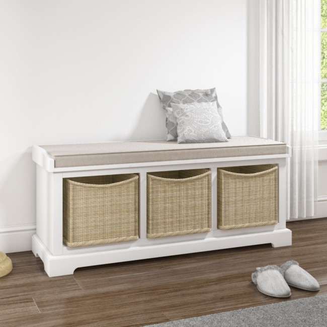 Elms White Solid Wood Blanket Box with Storage Wicker Baskets & Cushion