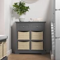 Elms Farmhouse Grey Shoe Cabinet Sideboard with Wicker Baskets Elms Farmhouse Grey Shoe Cabinet Sideboard with Wicker Baskets