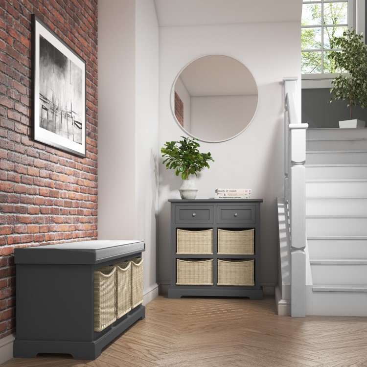 Elms Farmhouse Grey Shoe Cabinet Sideboard with Wicker Baskets