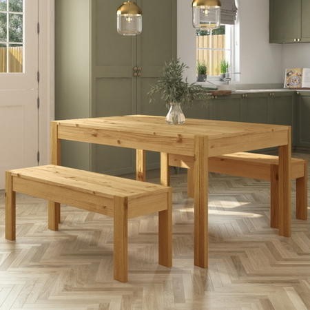 Solid Pine Dining Table with 2 Matching Dining Benches Seats 4 Emerson