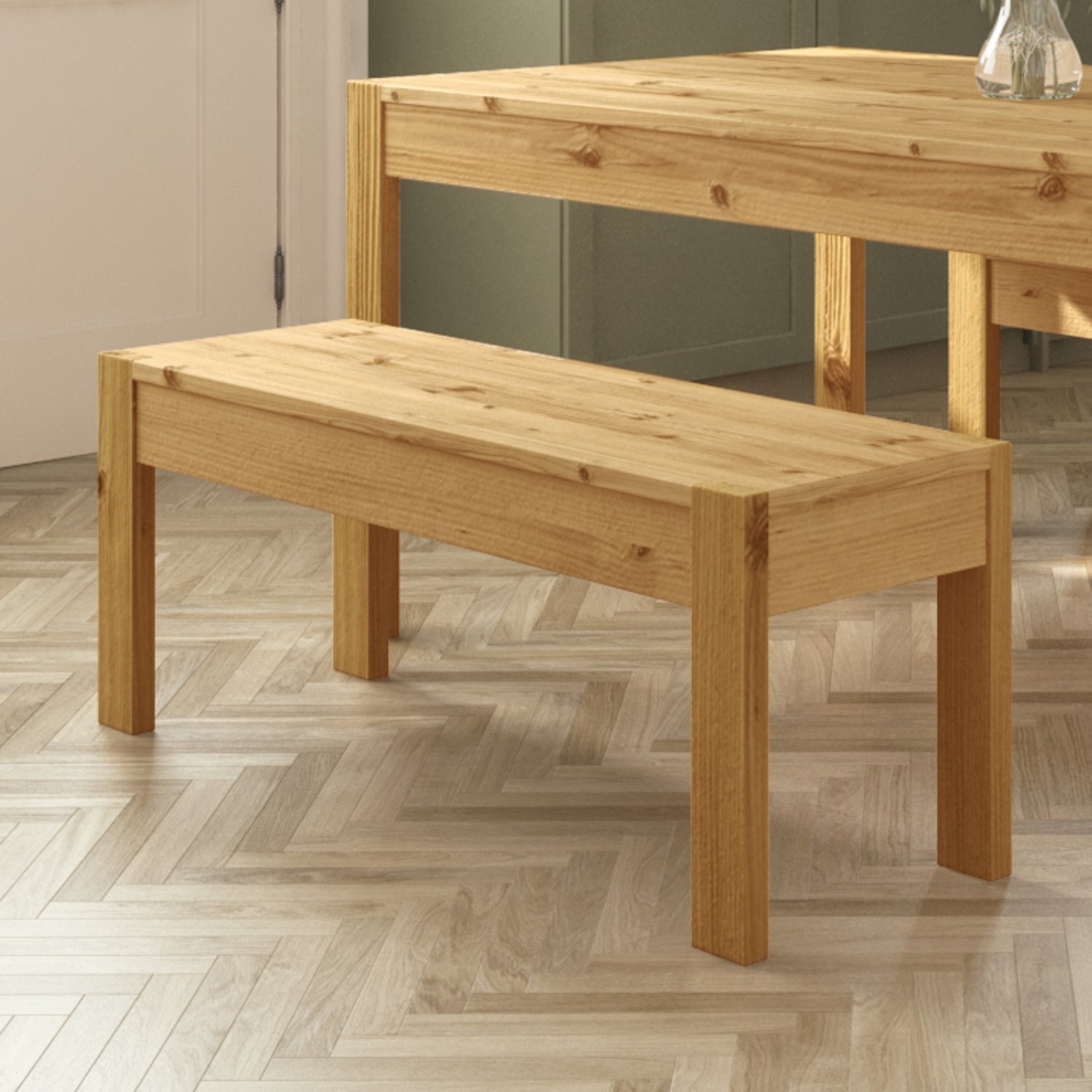 Solid Pine Dining Table with 2 Matching Dining Benches Seats 4