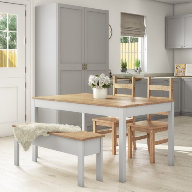 Grey & Solid Pine Dining Table with 2 Chairs & 1 Grey Storage Bench - Emerson