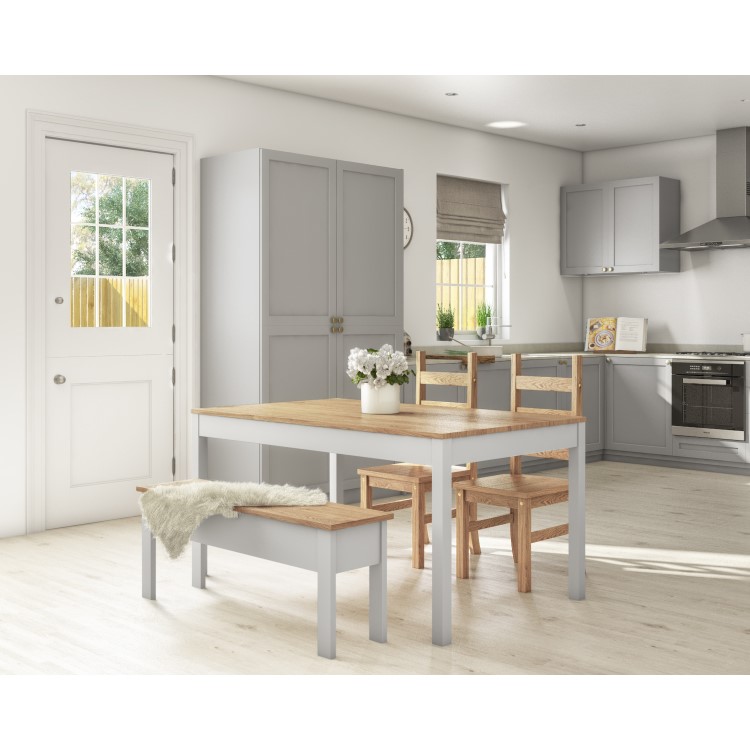 Grey & Solid Pine Dining Table with 2 Chairs & 1 Grey Storage Bench - Emerson