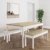 Solid Pine & White Dining Table with 2 Matching Dining Benches - Seats 4 - Emerson