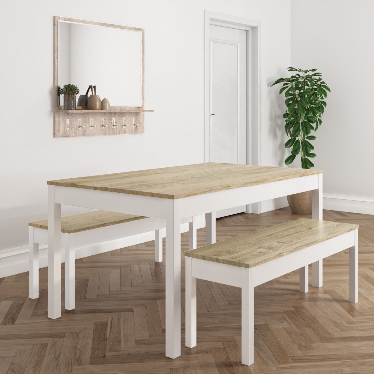 Solid Pine & White Dining Table with 2 Matching Dining Benches - Seats 4 - Emerson