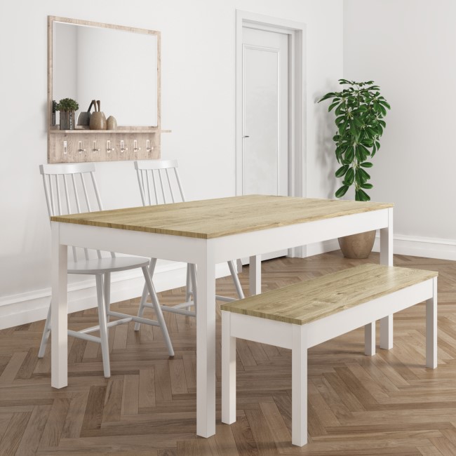 Solid Pine & White Dining Table with 2 White Spindle Dining Chairs & a Matching bench - Emerson